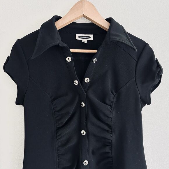 VTG Y2K Ruched Bodycon Dress Sz 8 Black Stretch Silver Button CorporateGoth Punk - Picture 4 of 12